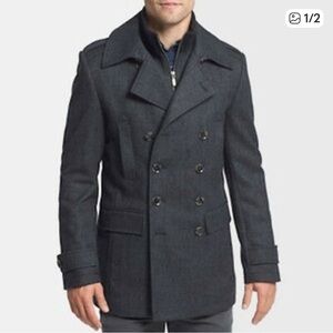 7 Diamonds Glasgow Wool Grey Removable Faux Vest Double Breasted Pea Coat, M/L